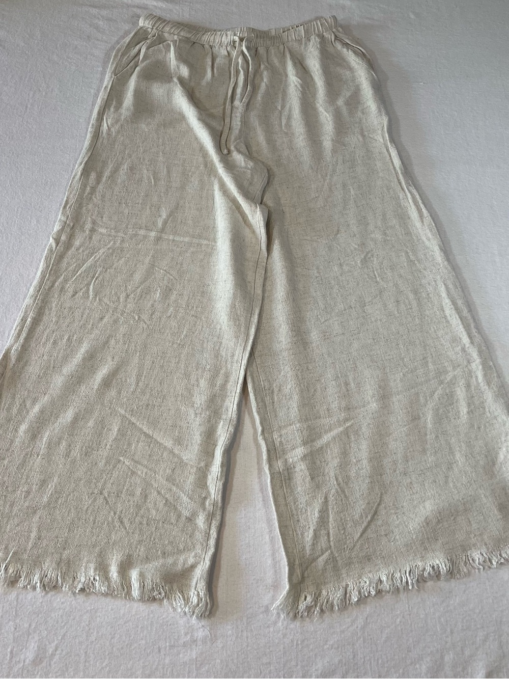 Millibon Linen-Blend Wide-Leg Cream Elastic Drawstring Waist Pants Women’s M